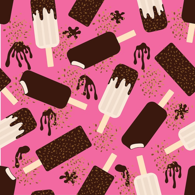 pattern with ice cream sundae in chocolate glaze with nuts on a stick on a pink background