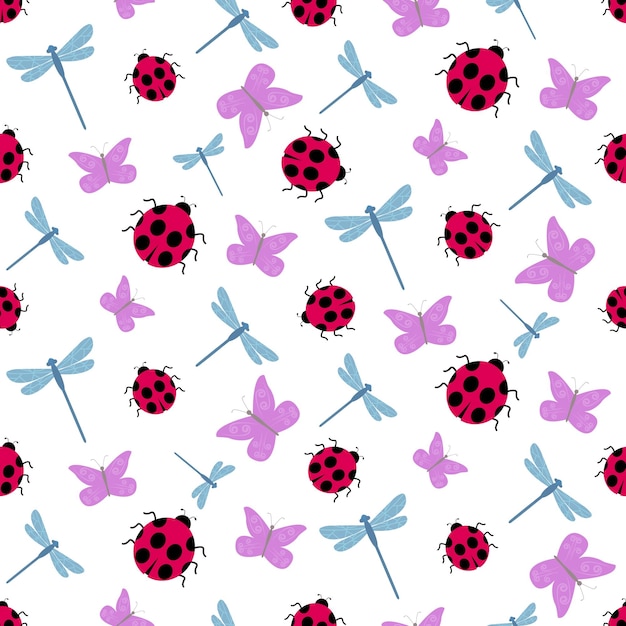 Pattern with ladybugs dragonflies butterflies Cool seamless texture with insects