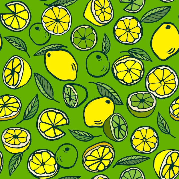 Pattern with lemon and lime on a green background