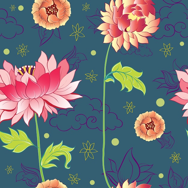 Pattern with lotus flowers, peonies and chrysanthemums