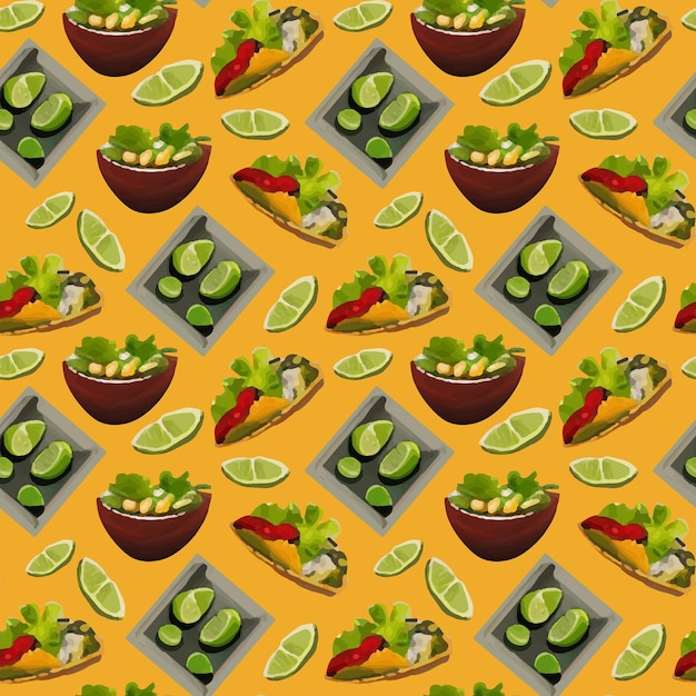 Pattern with Mexican traditional dishes. Taco, burrito, lime. Seamless pattern in cartoon style.