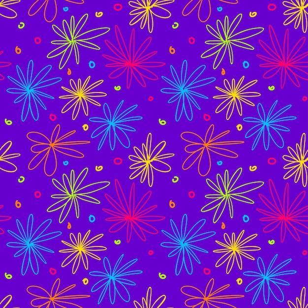 Pattern with neon fluorescent abstract daisies