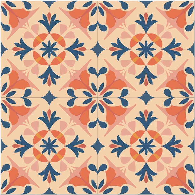 Vector pattern with orange blue and pink floral geometric design on white background