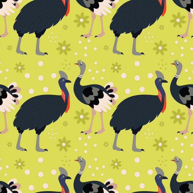 Vector pattern with ostrich and cassowary bird