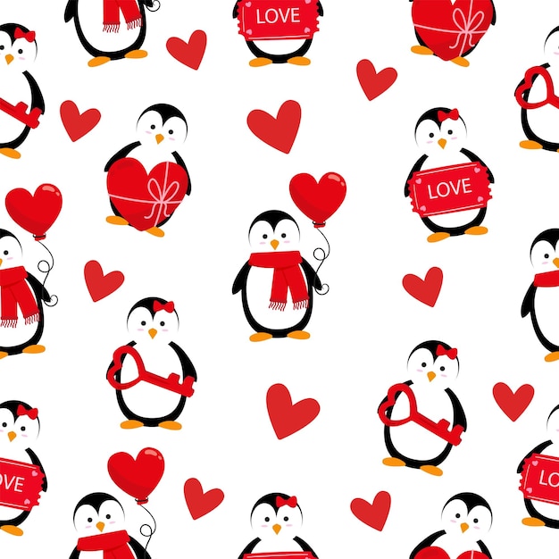 Pattern with penguins and hearts for Valentines Day Vector illustration