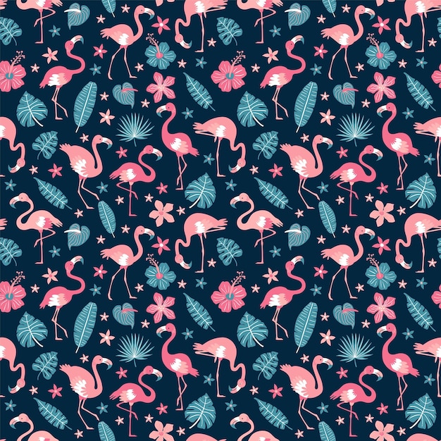 Vector pattern with pink flamingos and tropical leaves on blue background pink flamingo in flat style seamless pattern for textile wrapping paper background