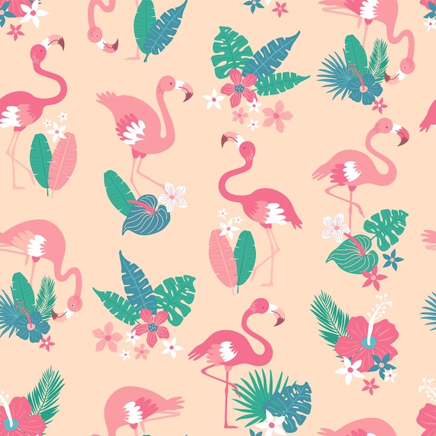 Vector pattern with pink flamingos and tropical leaves on pink background pink flamingo in flat style seamless pattern for textile wrapping paper background