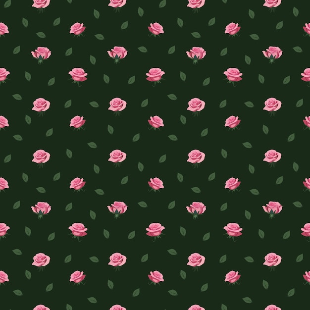 pattern with pink flowers roses and green leaves on a green background