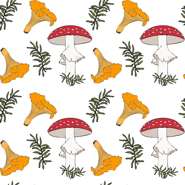 Pattern with poisonous fly agaric mushrooms and edible chanterelles and moss sprigs on white backgr