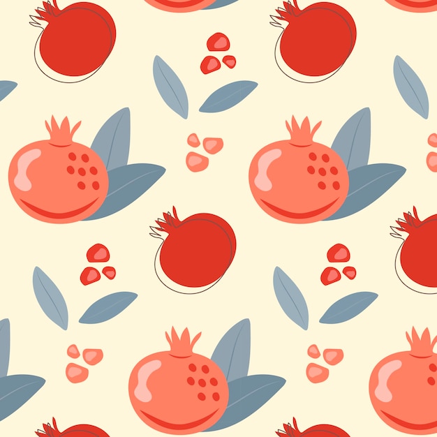 Pattern with pomegranate fruits leaves and seeds in a flat style