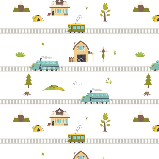 Pattern with railroad, train, farm. Nursery digital paper, vector hand drawn illustration