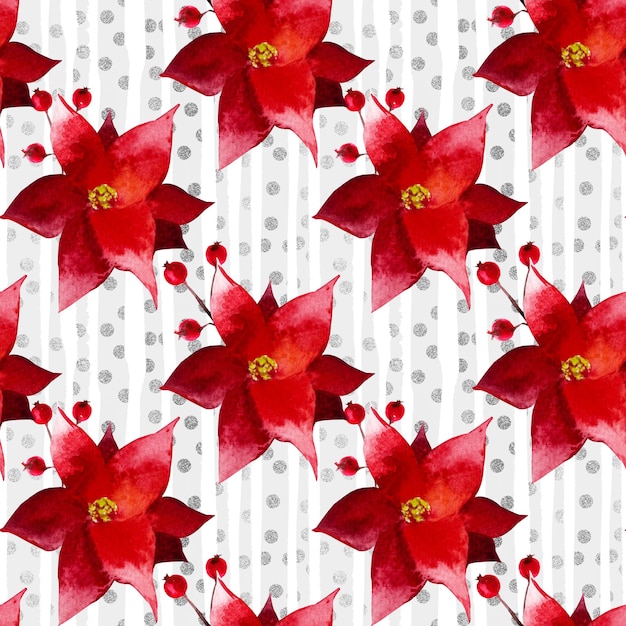 Pattern with red flowers Christmas poinsettias with berries on a background of gray stripes