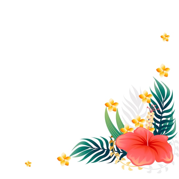 Pattern with red flowers and green tropical leaves flat vector illustration on white background