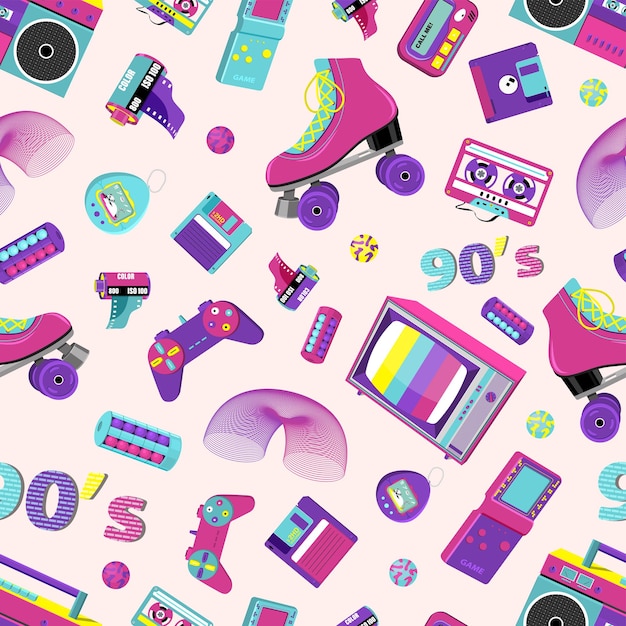 pattern with retro badges with roller skates cassette players and other items in colorful 80s90s