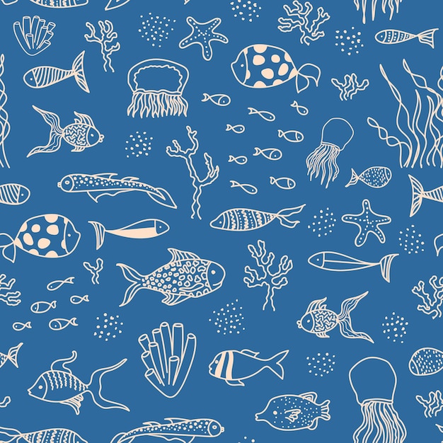 Pattern with sea animals - fishes and jellyfish, seaweed, coral, starfish. Vector background.