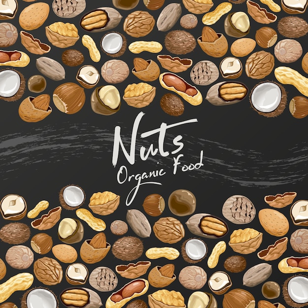 Pattern with seeds and nuts on a black background