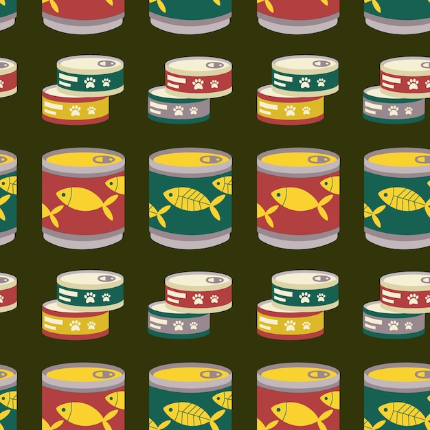 Pattern with a set of food for animals cats dogs canned food fish pet care