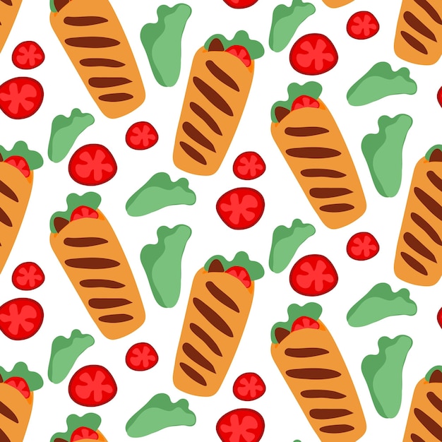 Pattern with shawarma in the Flat style A simple illustration of kebab shawarma pita bread Seamless