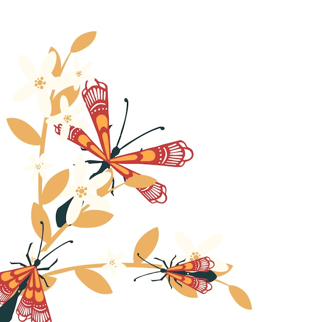 Pattern with simple flat beetle with different wings insects on orange silhouette leaves and grass flat vector illustration on white background