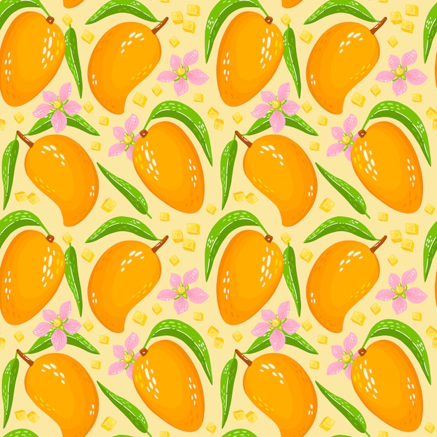 Pattern with sweet yellow mango with leaves, pieces of mango and flowers. Organic healthy fruits background. Cartoon illustration. Perfect for wrap paper, wallpaper, background, fabric print.