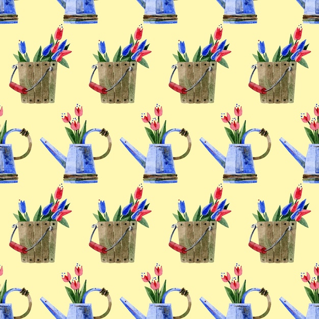 Pattern with watering can and bucket