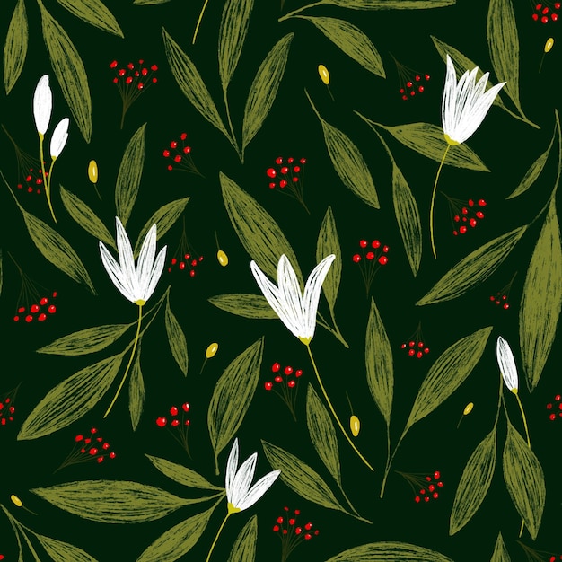 Pattern with white flowers, leaves and berries on dark green background. Pencil drawing.