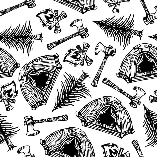 Patterns of survival equipment in forest seamless  . Doodles design on white background.