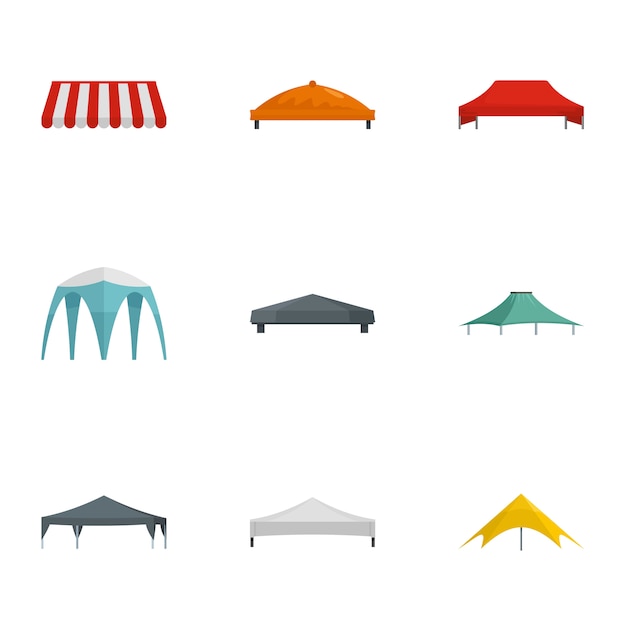 Pavilion tent icon set. Flat set of 9 pavilion tent icons 