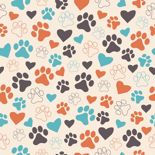 Paw animal print silhouettes Seamless pattern with paws