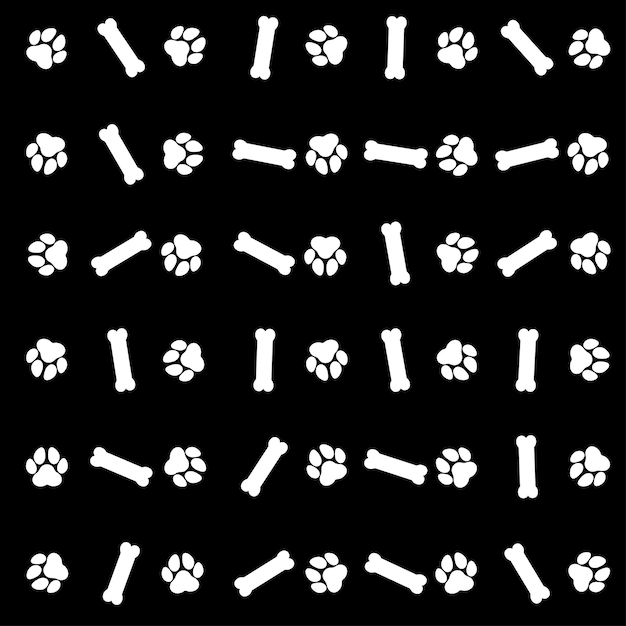 Paw and bone pattern on black background.