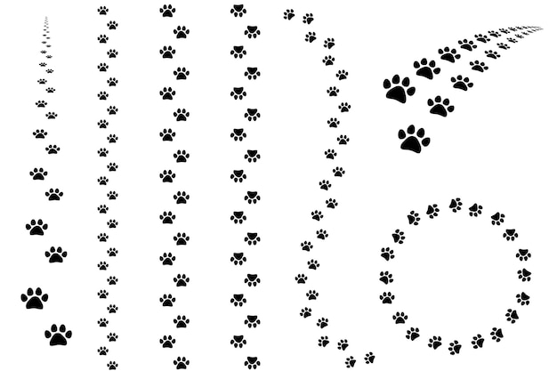 Paw foot trail Cat and dog tracks silhouette wild animal and pet paw print texture Vector