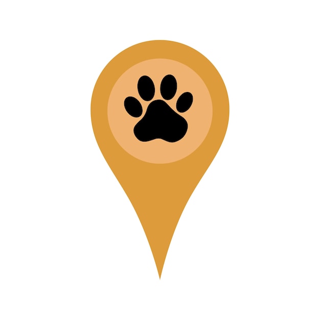 Paw print in map pointer graphic icon Vet clinic or pet products location sign isolated on white