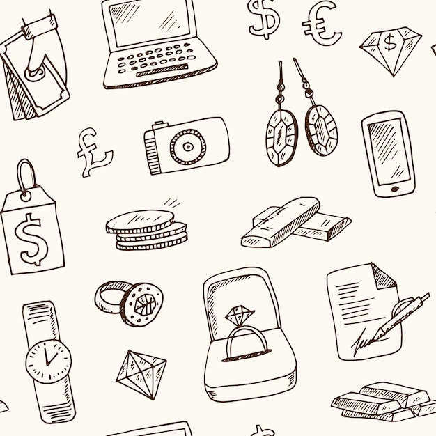 Pawnshop hand drawn doodle seamless pattern