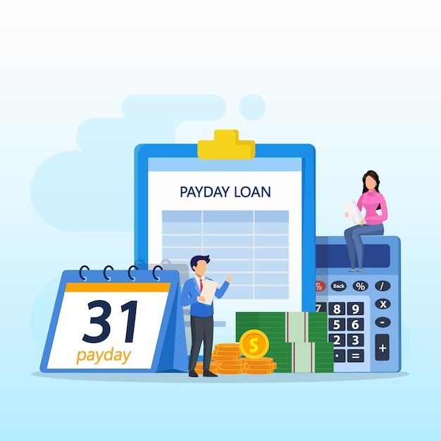 Payday vector concept business people feeling happy while getting money and standing with calendar and alarm clock