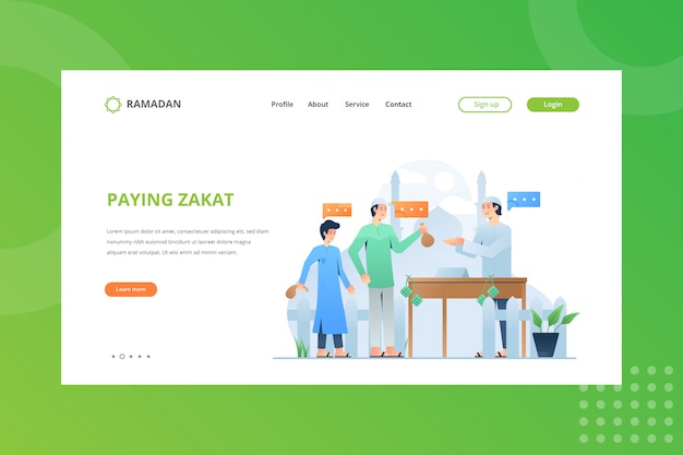 Paying Zakat Donation Illustration for Ramadan Concept on Landing Page