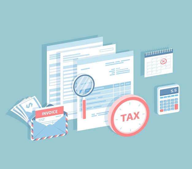 Payment of accounts and taxes Filling and calculating tax form Documents envelope with invoice