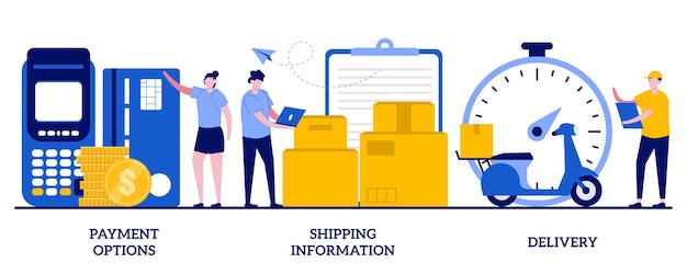 Payment options, shipping information, delivery concept with tiny people. Online shopping set. Internet store purchase e paying, order shipment metaphor.