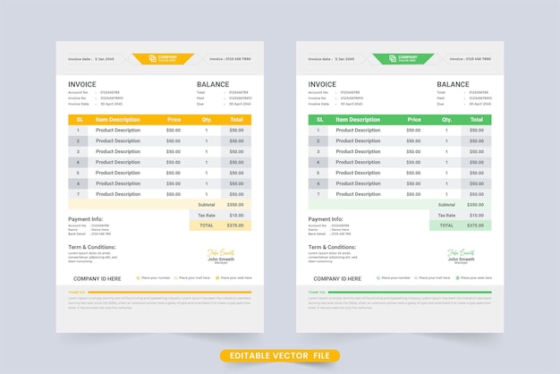 Payment receipt template design with yellow and green color shade Creative cash receipt design for business product sell information Invoice template vector with the payment agreement section