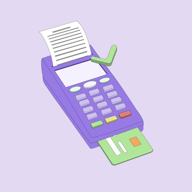 Payment terminal isometric illustration POS terminal with check and credit card Approved payment