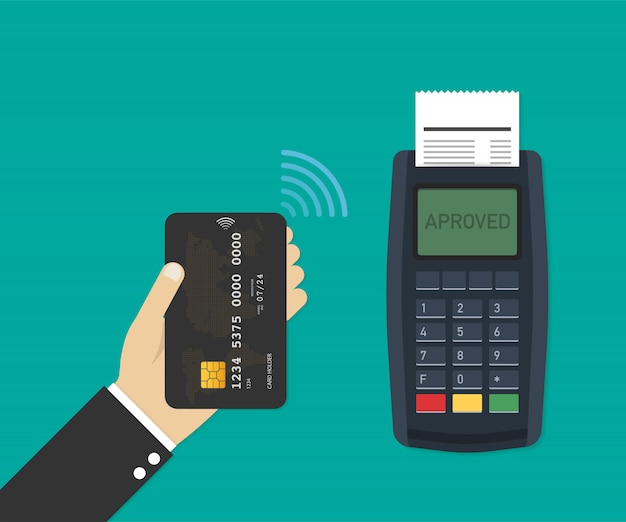 Payment terminal. Pos machine with credit card. Vector illustration.