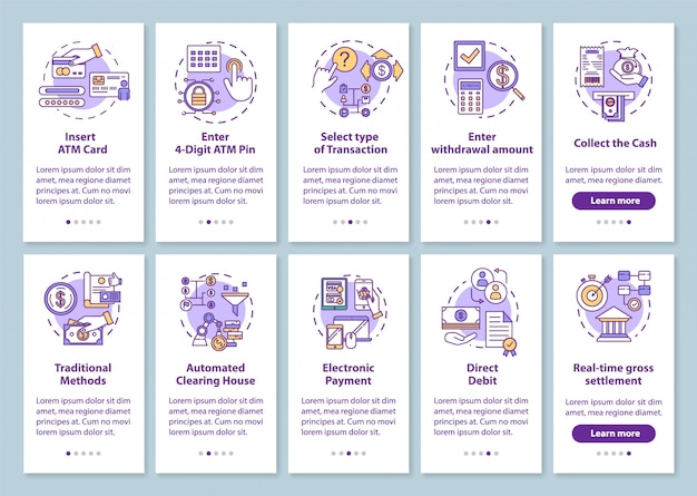 Payments onboarding mobile app page screen with linear concepts. Traditional methods. Transaction guide. Walkthrough steps graphic instructions.