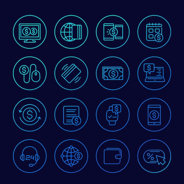 Payments, online banking and money linear icons set