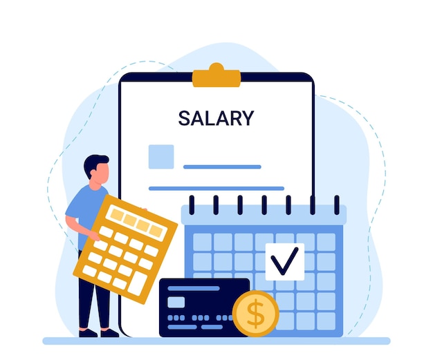 Payroll calendar with date salary payment man pay money accountant check calculating expenses