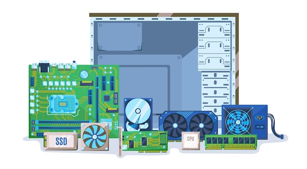 PC components Computer case with electronic hardware parts Build or upgrade personal computer vector illustration