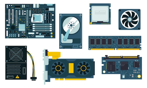 Vector pc components cpu gpu motherboard cooler ssd and hand drawn memory modules system unit and power supply vector personal computer parts isolated set