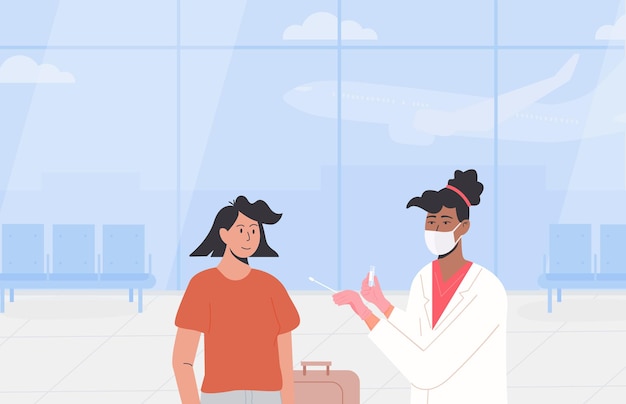 PCR testing at airport poster. Travelling with fit to fly certificate. Covid test before departure or on arrival. A female african doctor wearing face mask and takes nasal swab sample from traveller.