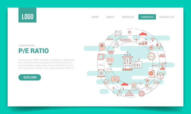 Pe ratio business concept with circle icon for website template or landing page homepage