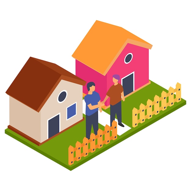 Peace or Conflict resolution isometric Concept Amicable neighbors greeting each other