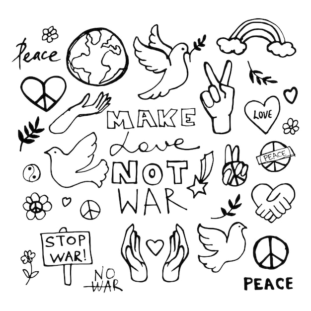 Peace doodle set Vector hippie illustration Make love not war Vector illustration