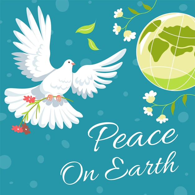 Peace on earth white dove flying with flower